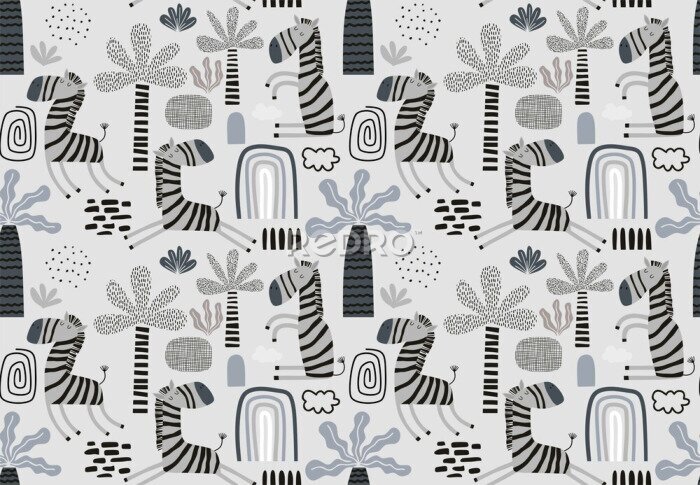 Fotobehang Zebra's tussen tropische planten in grijstinten