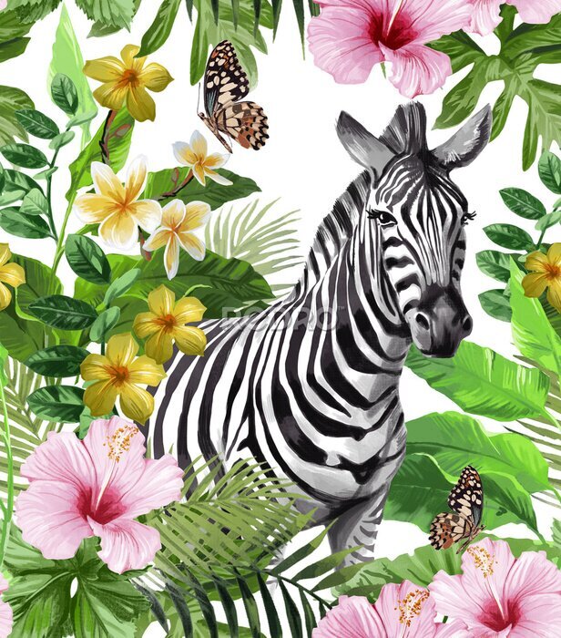 Fotobehang Zebra tussen kleurrijke tropische bloemen