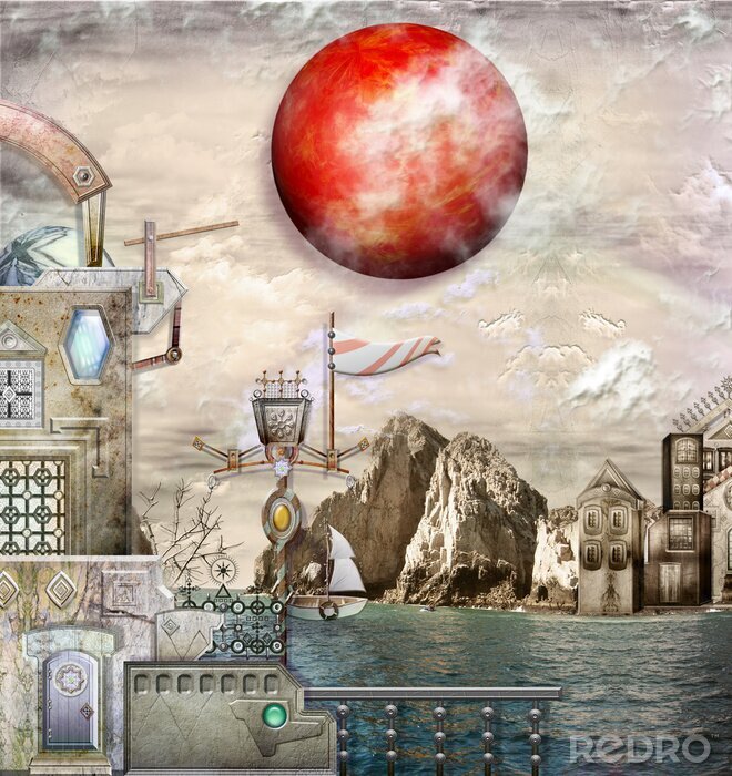 Fotobehang Zee en de rode zon.