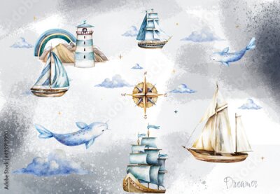 Fotobehang Zeepatroon met vis, vuurtoren en schip aquarelillustratie voor kinderen