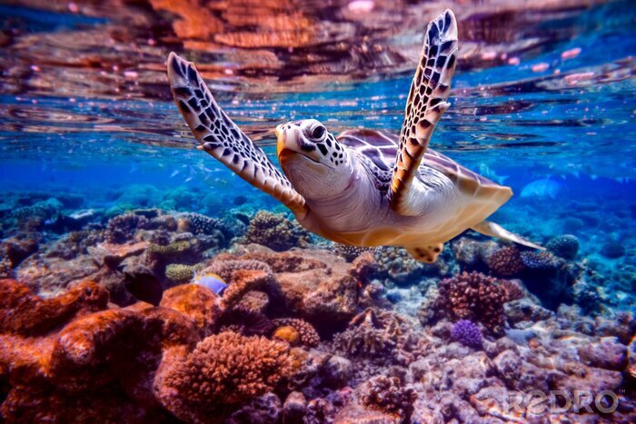 Fotobehang Zeeschildpad zwemt onder water op de achtergrond van koraalriffen