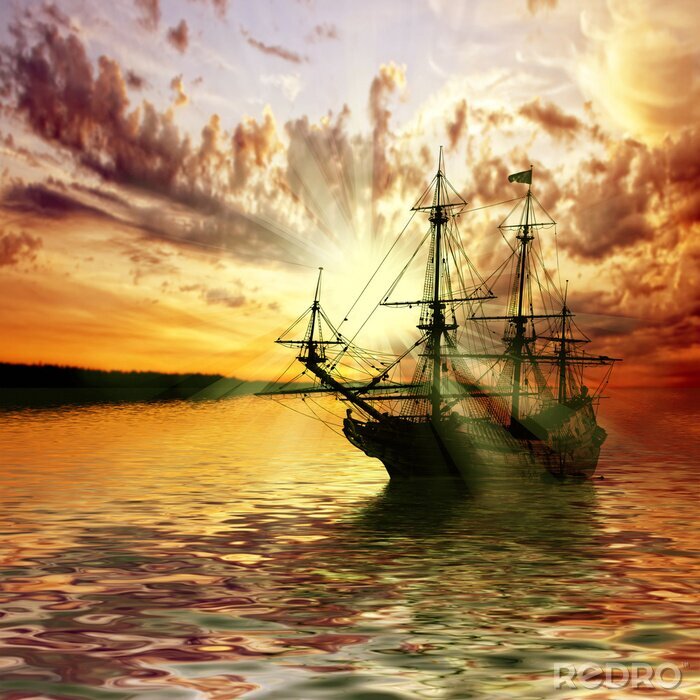 Fotobehang Zeilboot tegen de prachtige zonsondergang landschap
