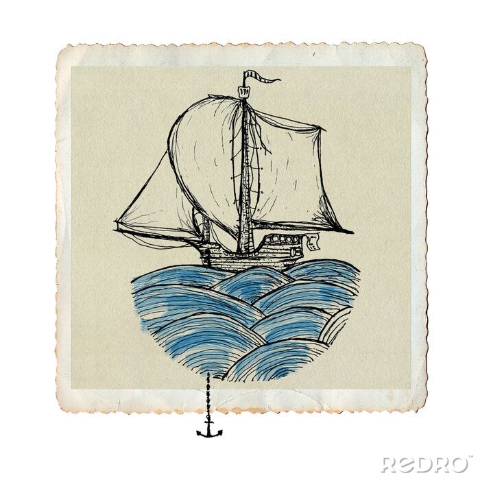 Fotobehang Zeilschip op de golven, artistieke inkt en aquarel tekening op papier, vintage zee kaart geïsoleerd op wit, conceptuele illustratie.