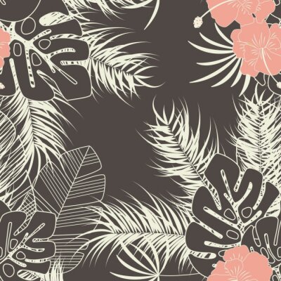 Zomer naadloos tropisch patroon met monstera palmbladeren, planten en bloemen op bruine achtergrond