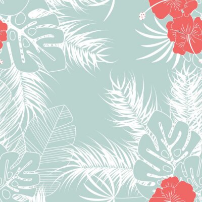 Zomer naadloze tropische patroon met monstera palmbladeren en bloemen op blauwe achtergrond