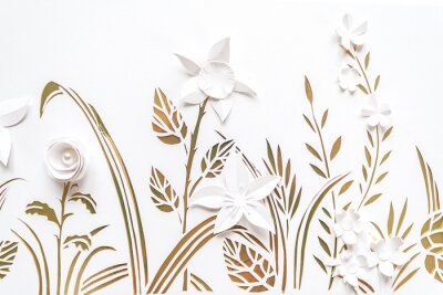 Fotobehang Zomerbloeiende weide. Witte bloemen gesneden van papier op een witte en gouden achtergrond.