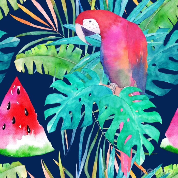 Fotobehang Zomerpatroon met waterverf papegaai, palmbladeren en watermeloen. Kleurrijke illustratie