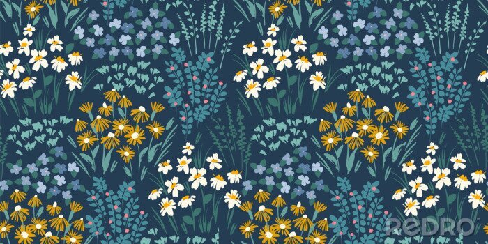 Fotobehang Zomerse weide op een donkerblauwe achtergrond