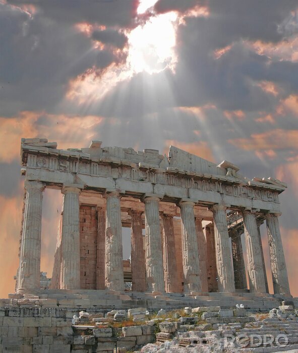 Fotobehang Zonnestraal over de acropolis tempel