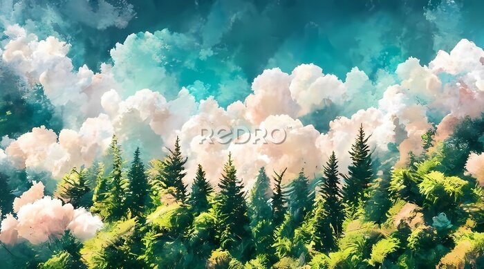 Fotobehang Zonnig dicht bos gehuld in mist