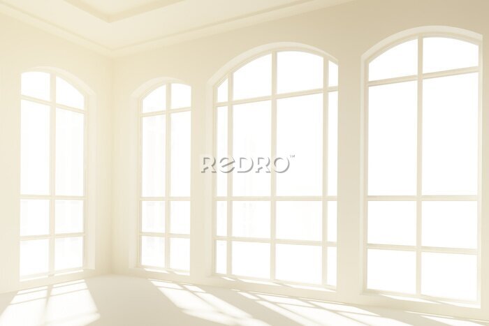 Fotobehang Zonnig wit interieur met grote ramen