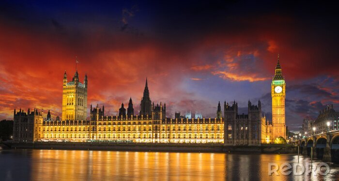 Fotobehang Zonsondergang Kleuren op de Big Ben en het Huis van het Parlement - Londen