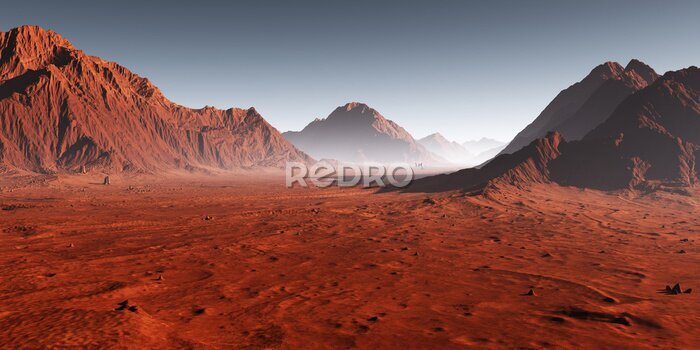 Fotobehang Zonsondergang op Mars, stof verduisterd Marslandschap. 3D illustratie