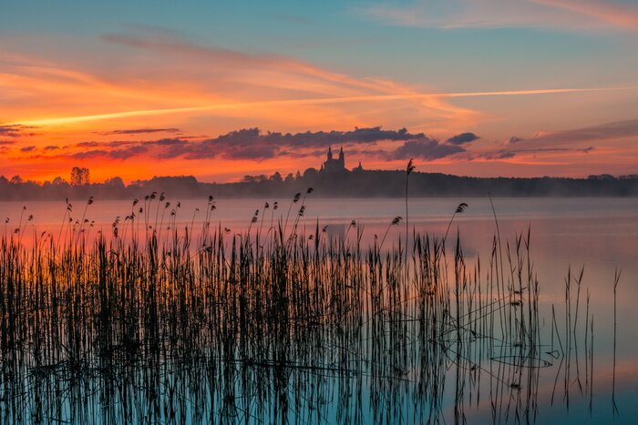 Fotobehang Zonsopgang boven een meer en planten