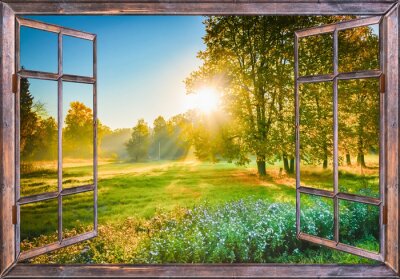 Fotobehang zonsopgang uitzicht vanuit het raam