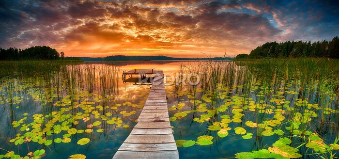 Fotobehang Zonsopgang weerspiegeld in het meer en het bos