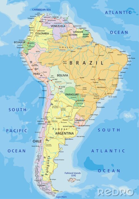 Fotobehang Zuid-Amerika - Zeer gedetailleerde bewerkbare politieke kaart.