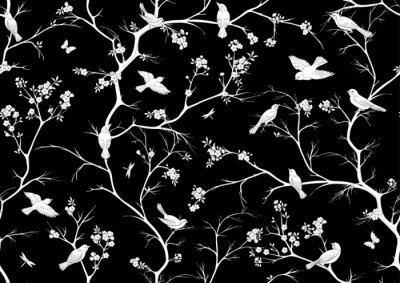 Zwart chinoiserie motief met vogels en boom