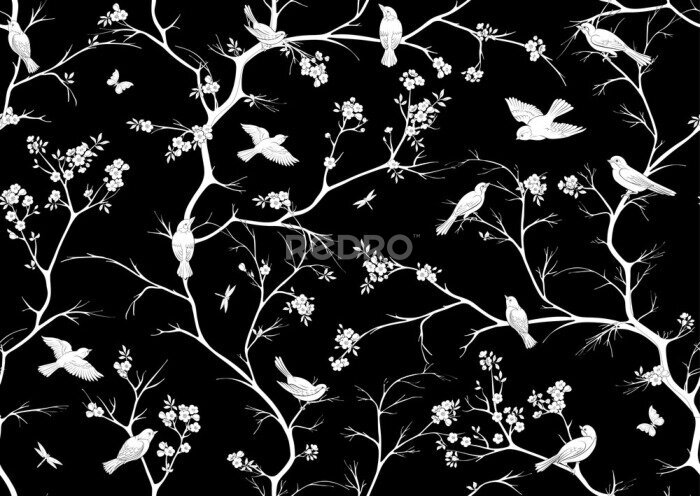 Fotobehang Zwart chinoiserie motief met vogels en boom