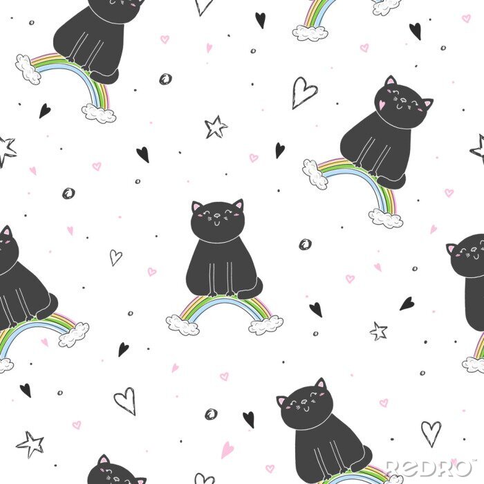 Fotobehang Zwart katje op een regenboog