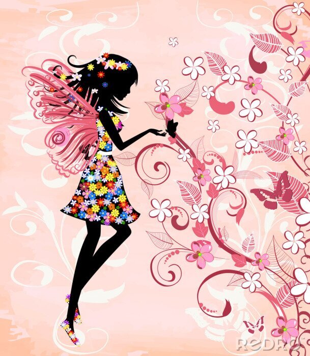 Fotobehang Zwart silhouet van een fee in bloemen