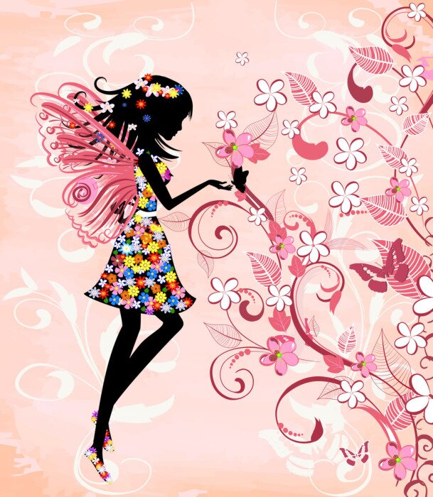 Fotobehang Zwart silhouet van een fee in bloemen