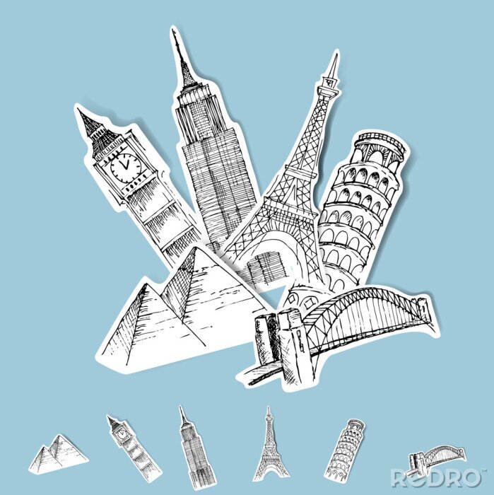 Fotobehang Zwart-wit etiketten met stadssymbolen