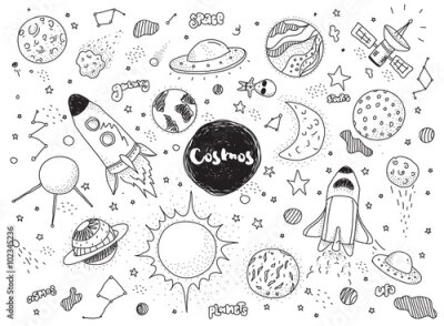 Fotobehang Zwart-wit getekende ruimtesymbolen voor kinderen