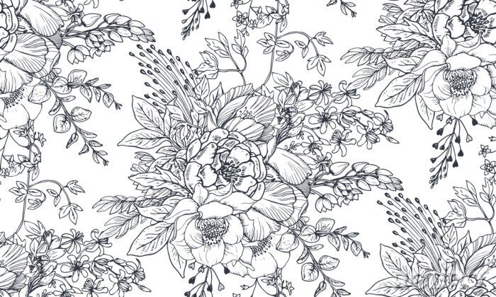 Fotobehang Zwart-wit patroon met bloemen