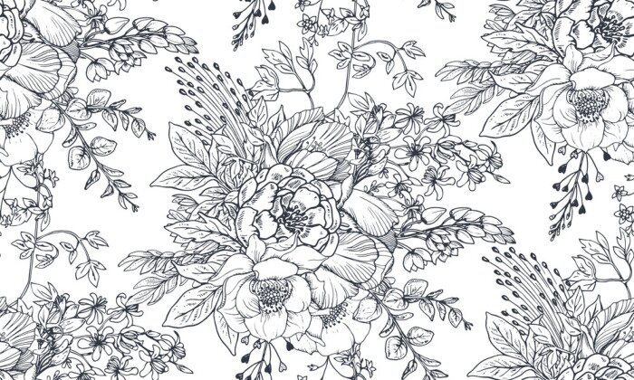 Fotobehang Zwart-wit patroon met bloemen