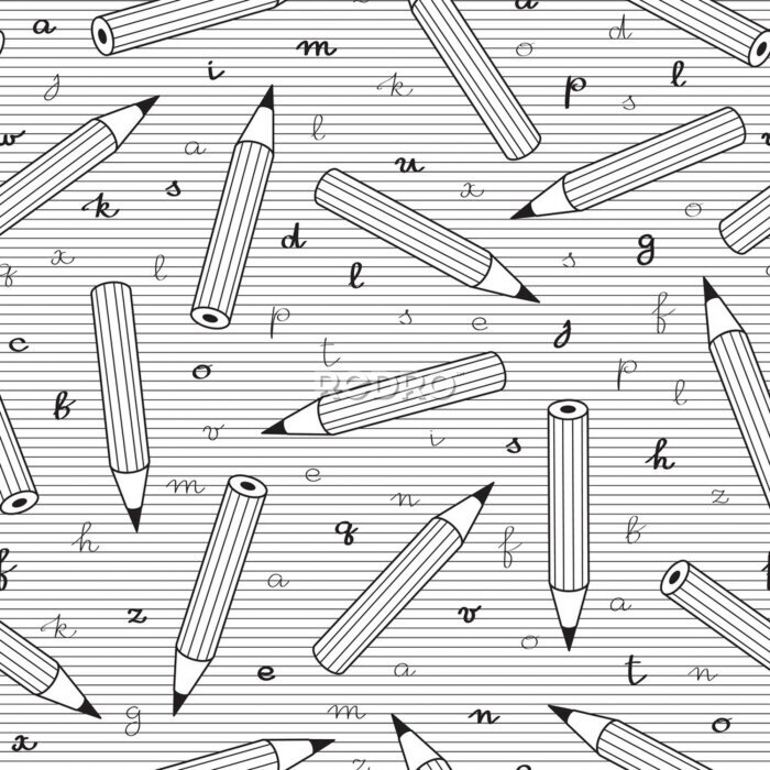 Fotobehang Zwart-wit patroon met letters en potloden