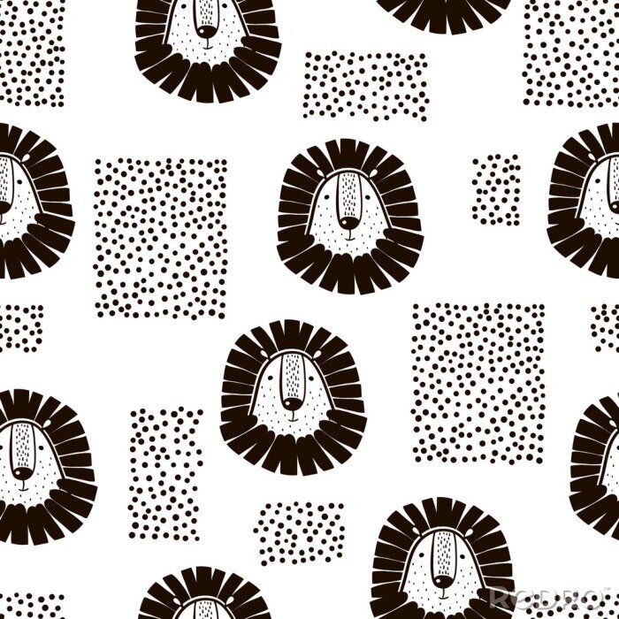 Fotobehang Zwart-wit patroon voor kinderen met leeuwen