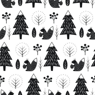 Zwart-wit Scandinavisch patroon met eekhoorns in het bos
