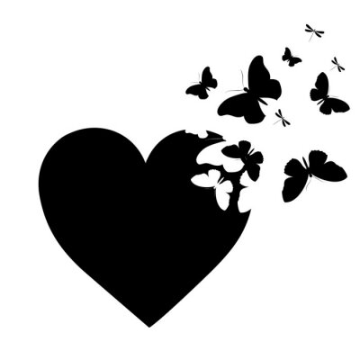 Zwart-wit tekening van een hart met vlinders