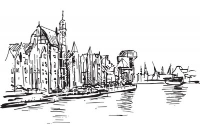 Fotobehang Zwart-witte architectuurschets in Gdańsk