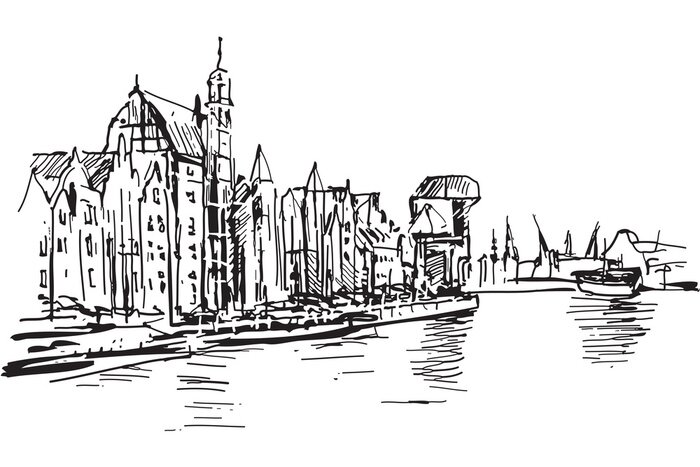 Fotobehang Zwart-witte architectuurschets in Gdańsk