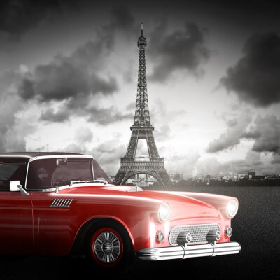 Fotobehang Zwart-witte Eiffeltoren en rode auto