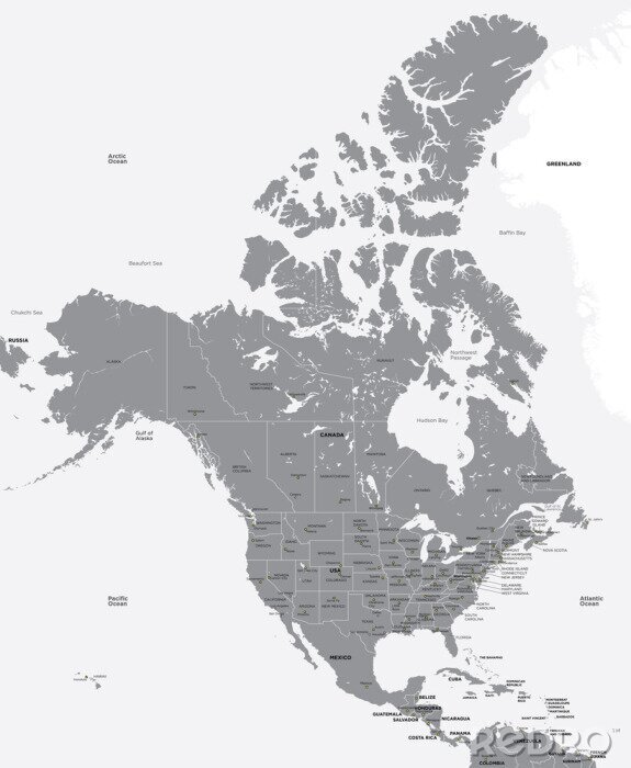 Fotobehang Zwart-witte kaart van Noord-Amerika