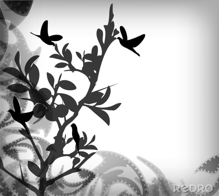Fotobehang Zwart-witte tak met vogels