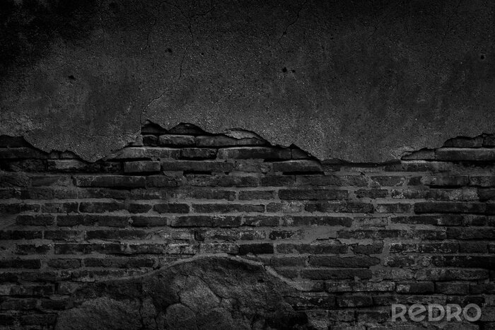 Fotobehang Zwarte bakstenen muur en concrete textuur
