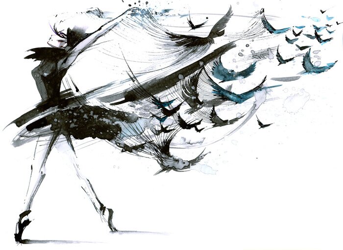 Fotobehang Zwarte figuur van een ballerina met vogels op een witte achtergrond