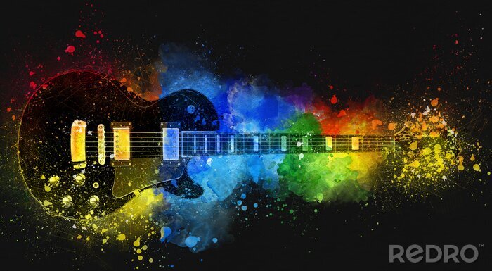 Fotobehang Zwarte gitaar met gekleurde poeders