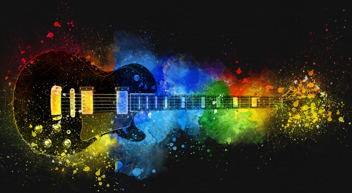 Fotobehang Zwarte gitaar met gekleurde poeders
