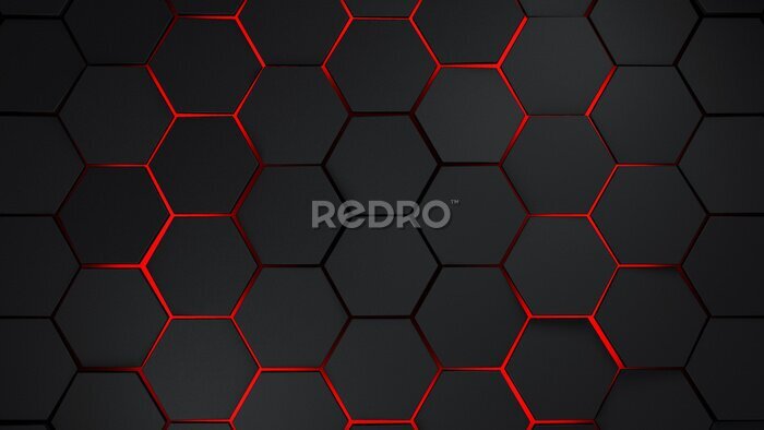 Fotobehang Zwarte hexagonen met 3D-effect op een rode achtergrond