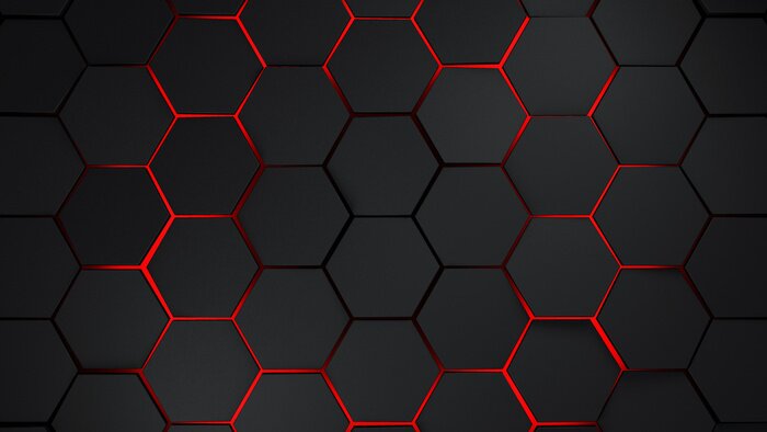 Fotobehang Zwarte hexagonen met 3D-effect op een rode achtergrond