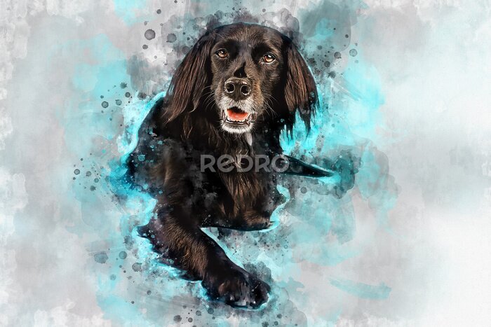 Fotobehang Zwarte hond op aquarel achtergrond
