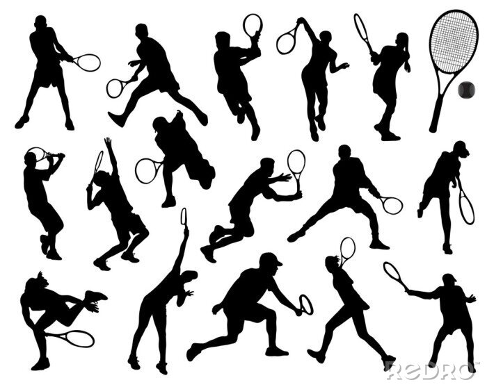 Fotobehang Zwarte silhouetten van tennissers