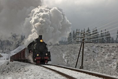 Fotobehang Zwarte trein op een besneeuwde achtergrond