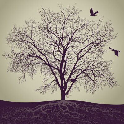 Fotobehang Zwarte vogels vliegen naar een boom