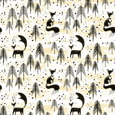 Zwarte vossen en bomen op gele achtergrond